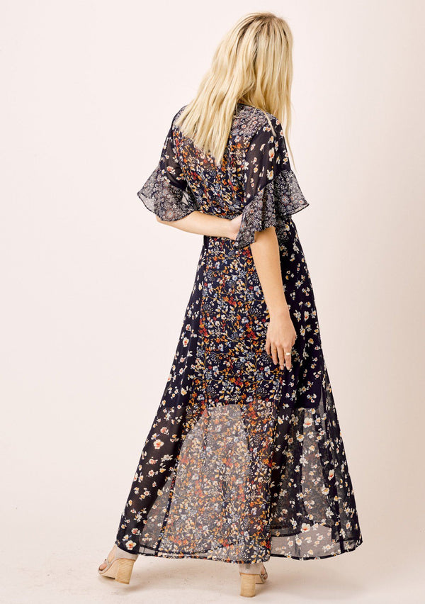 [Color: Midnight/Multi] Lovestitch mixed floral print, ruffle sleeve wrap maxi dress