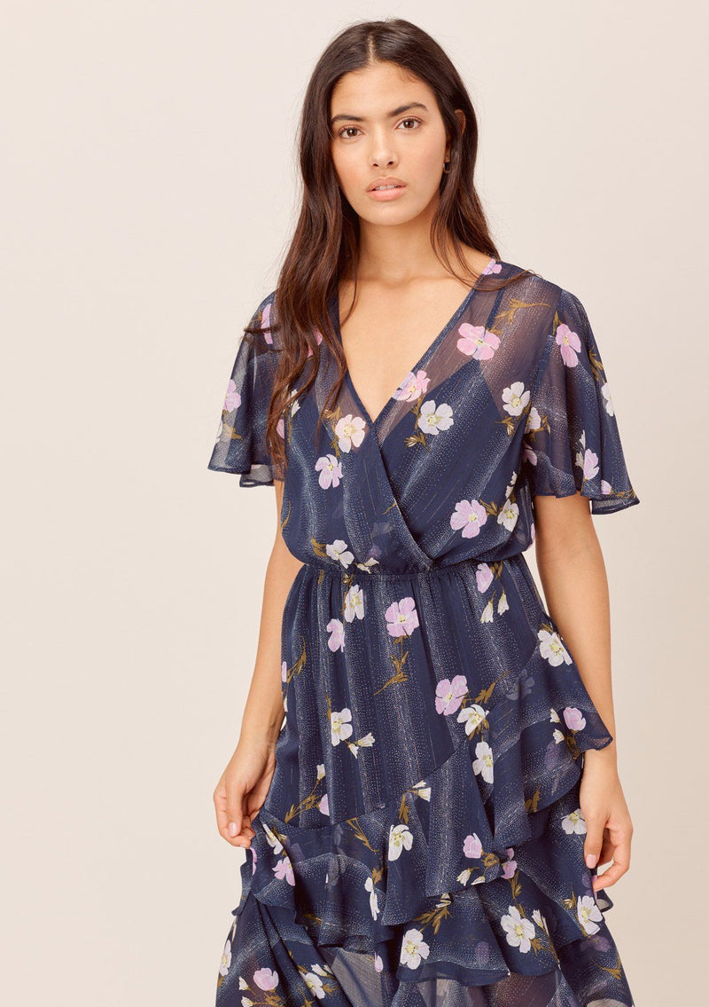 [Color: Navy/Lilac] Lovestitch navy/lilac Floral printed, short sleeve, surplice maxi dress with ruffled details and front slit. 