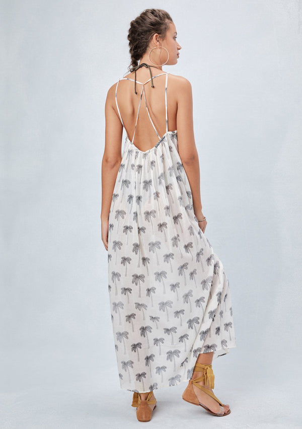 [Color: Black/White] Lovestitch sheer beach maxi dress with palm tree print - best beach dress