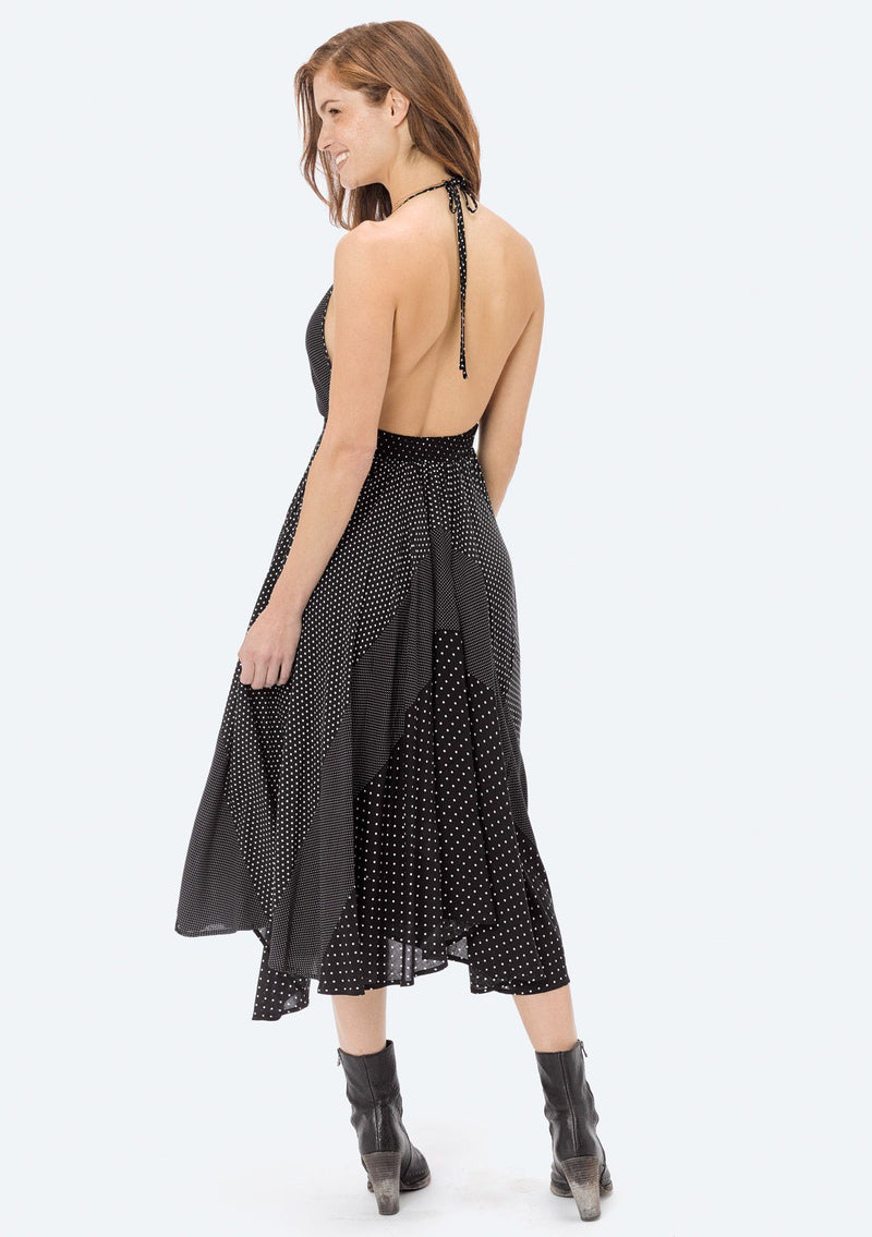 [Color: Black/WhiteDot] Lovestitch polka dot, patchwork halter dress with plunging V-neckline and handkerchief skirt. 