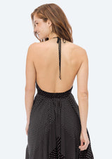 [Color: Black/WhiteDot] Lovestitch polka dot, patchwork halter dress with plunging V-neckline and handkerchief skirt. 