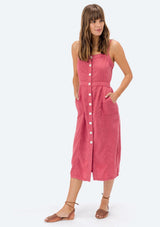 [Color: Rose] Lovestitch pink, form fitting, sleeveless, buttondown midi dress in super soft tencel.