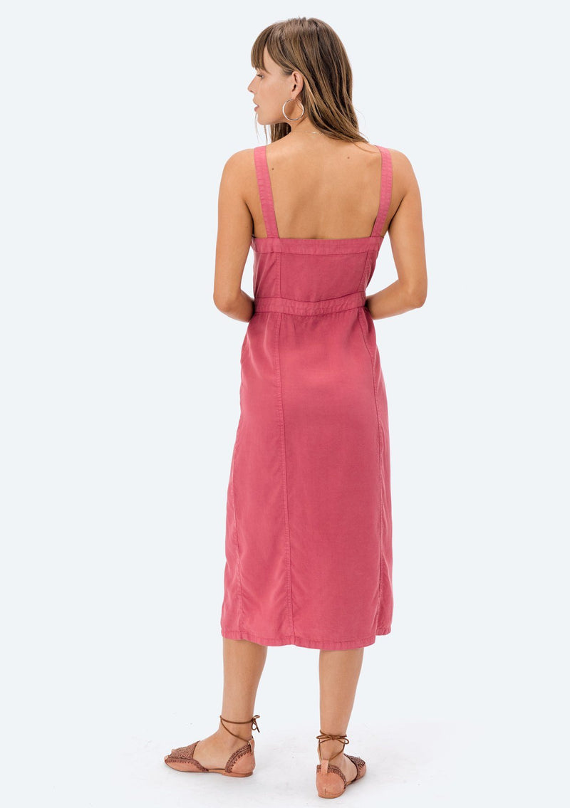 [Color: Rose] Lovestitch pink, form fitting, sleeveless, buttondown midi dress in super soft tencel.