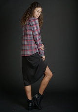 [Color: Red/Black/OffWhite] Lovestitch long sleeve, snap front plaid shirt in burnt wash with two pocket detail.