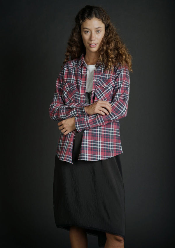 [Color: Red/Black/OffWhite] Lovestitch long sleeve, snap front plaid shirt in burnt wash with two pocket detail.