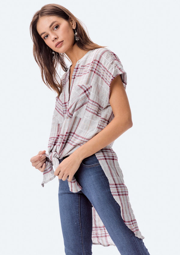 [Color: Taupe/Grey/Burgundy] Lovestitch taupe/grey/burgundy, short sleeve, plaid buttondown tunic.