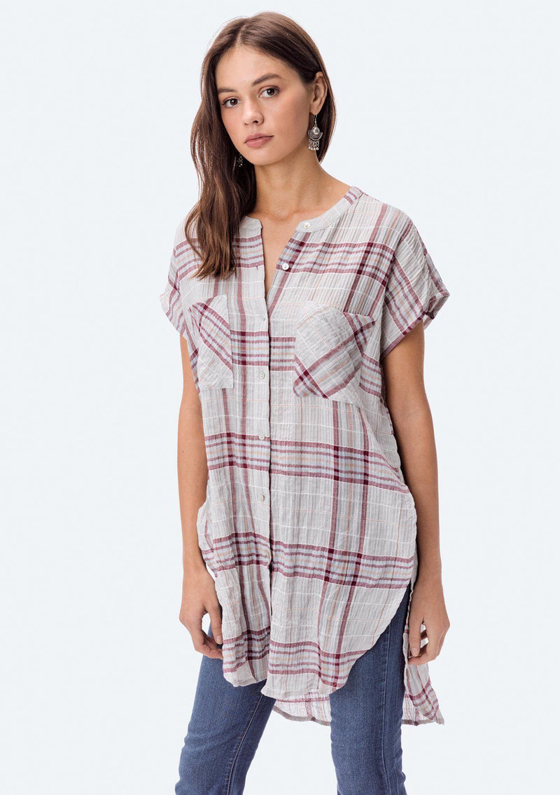 [Color: Taupe/Grey/Burgundy] Lovestitch taupe/grey/burgundy, short sleeve, plaid buttondown tunic.