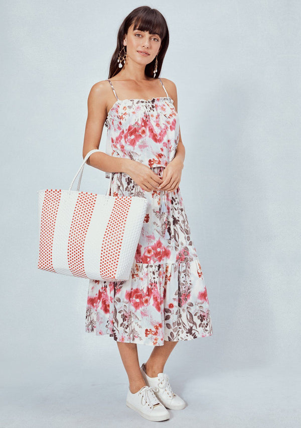 [Color: White/Coral] Lovestitch lightweight, mini-checkered stripe, plastic tote bag