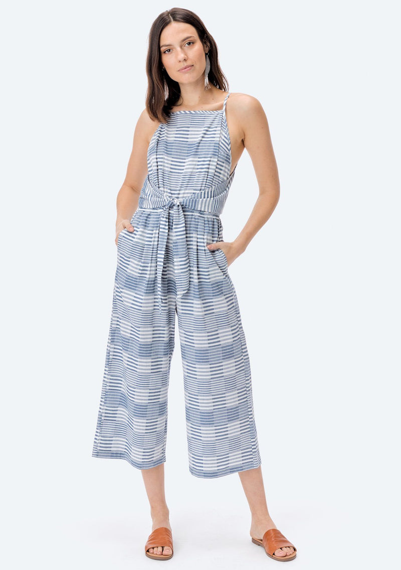 [Color: Blue] Lovestitch Sleeveless, striped jacquard jumpsuit with tie at the waist. 