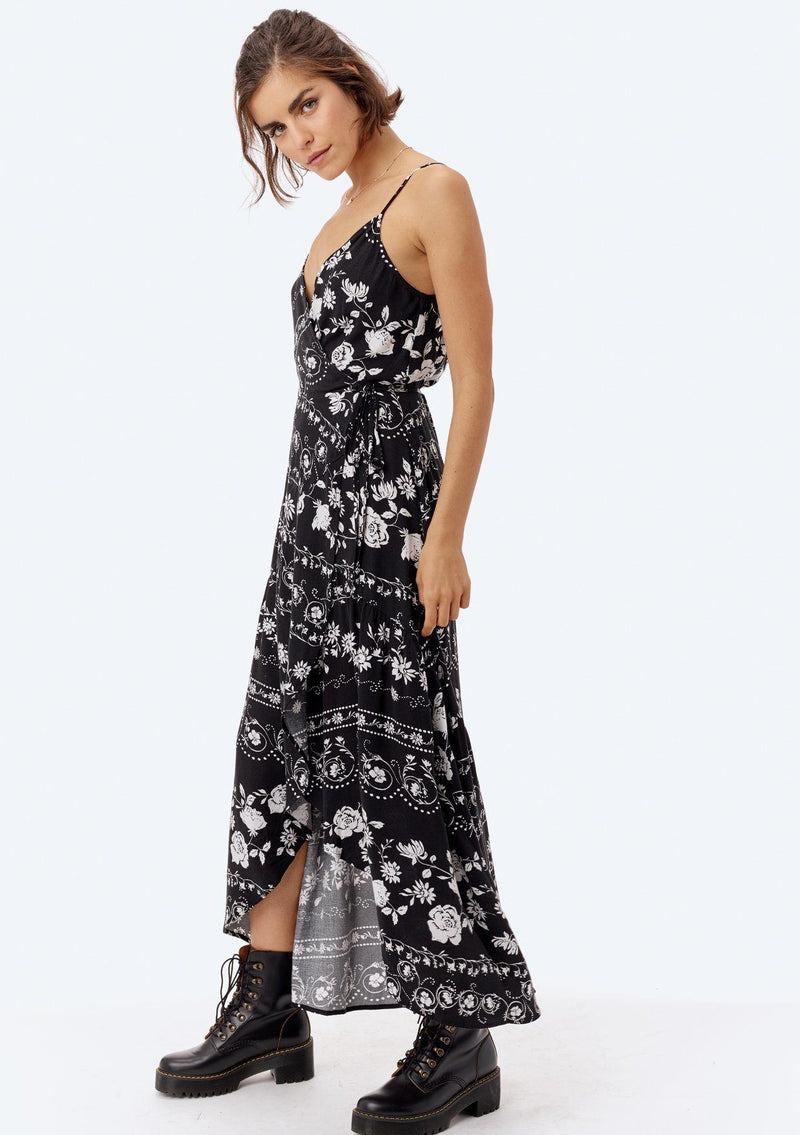 [Color: Black] Lovestitch black, floral printed, maxi wrap dress.