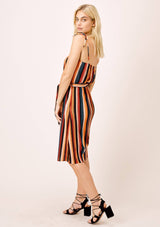[Color: Black/Spice/Teal] A casual pleated midi dress. The adjustable tie shoulder spaghetti strap and multicolor stripes add a retro feel, while the self tie belt adds definition.