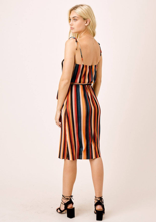 [Color: Black/Spice/Teal] A casual pleated midi dress. The adjustable tie shoulder spaghetti strap and multicolor stripes add a retro feel, while the self tie belt adds definition.