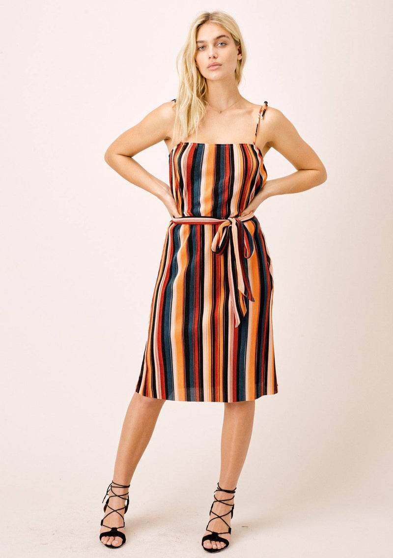[Color: Black/Spice/Teal] A casual pleated midi dress. The adjustable tie shoulder spaghetti strap and multicolor stripes add a retro feel, while the self tie belt adds definition.