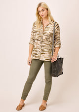 [Color: Sahara/Nude] Lovestitch animal print buttondown top with double breast pocket detail