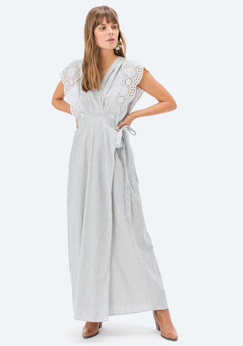 [Color: Cream/Blue] Lovestitch cream & blue, sleeveless, pinstriped maxi wrap dress with embroidered eyelet top.