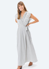 [Color: Cream/Blue] Lovestitch cream & blue, sleeveless, pinstriped maxi wrap dress with embroidered eyelet top.