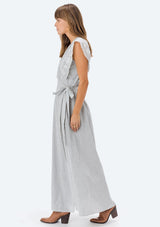 [Color: Cream/Blue] Lovestitch cream & blue, sleeveless, pinstriped maxi wrap dress with embroidered eyelet top.