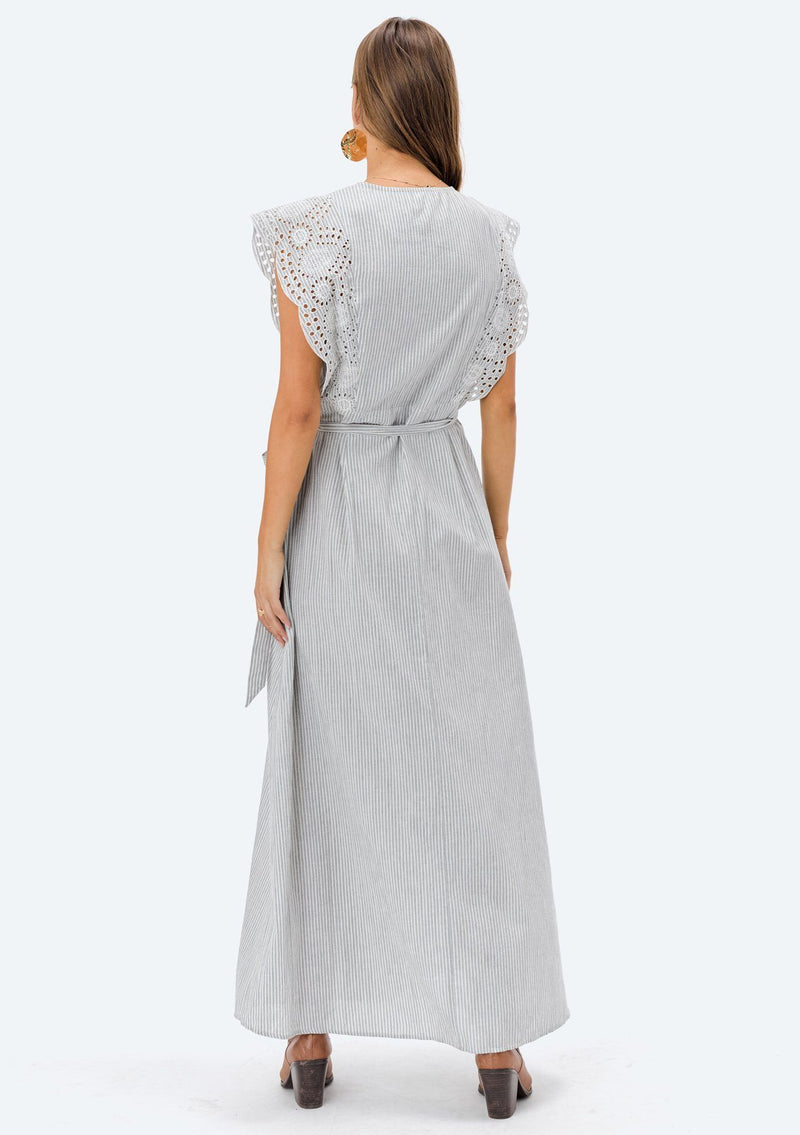 [Color: Cream/Blue] Lovestitch cream & blue, sleeveless, pinstriped maxi wrap dress with embroidered eyelet top.