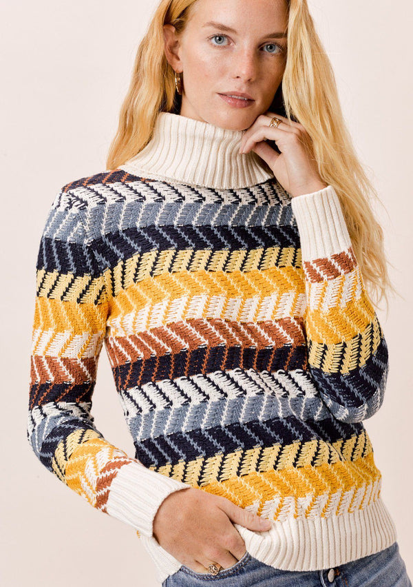[Color: Mustard Multi] Lovestitch Turtleneck Chevron Stripe Sweater with Ribbed Detail