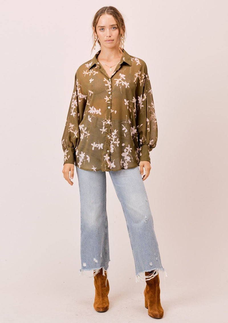 [Color: Olive/Rosewater] A versatile floral chiffon top, featuring long dolman sleeves and a billowy silhouette. Shown here with a camisole underneath.