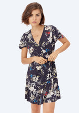 [Color: Midnight Floral] Lovestitch navy, vintage floral print mini wrap dress.