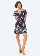 [Color: Midnight Floral] Lovestitch navy, vintage floral print mini wrap dress.