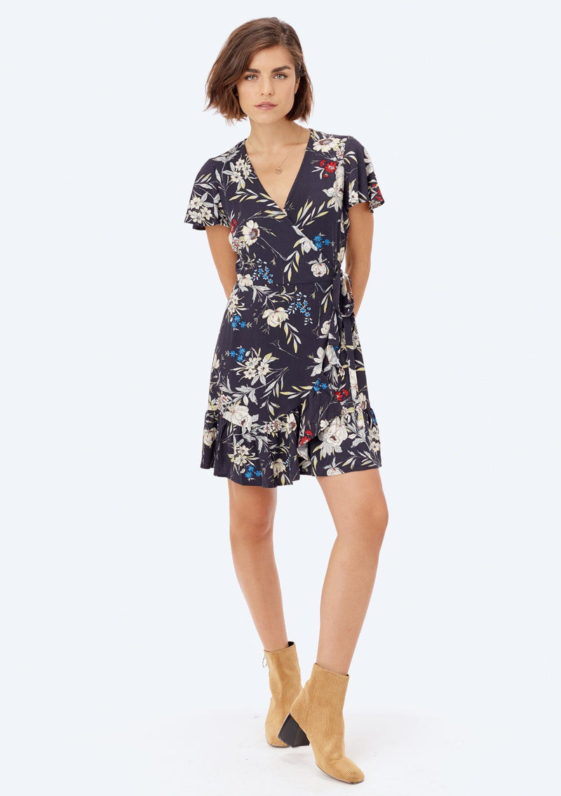 [Color: Midnight Floral] Lovestitch navy, vintage floral print mini wrap dress.
