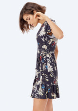 [Color: Midnight Floral] Lovestitch navy, vintage floral print mini wrap dress.