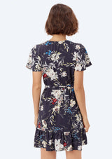 [Color: Midnight Floral] Lovestitch navy, vintage floral print mini wrap dress.