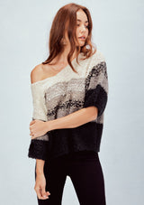 [Color: Grey] Striped cropped sweater tee. Featuring a flattering deep v neckline, a trendy cropped length, and elbow length sleeves. The soft neutral toned stripes add a bohemian touch.