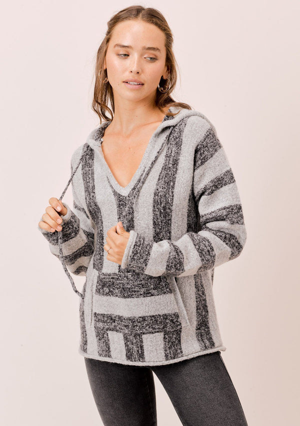 [Color: HeatherCharcoal/Grey] Lovestitch grey Long sleeve, striped pullover with hood and kangaroo pocket. 