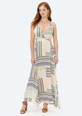 [Color: Ivory/Navy/Coral] Lovestitch Striped, wrap front maxi dress with criss-cross back.