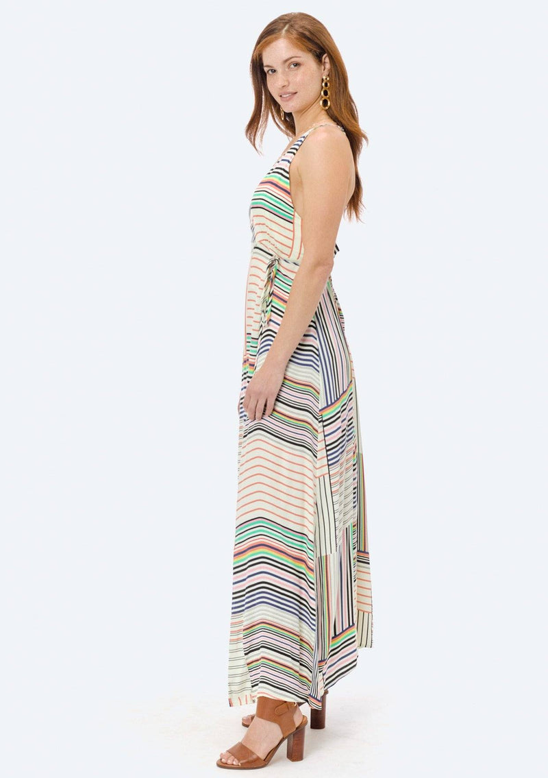 [Color: Ivory/Navy/Coral] Lovestitch Striped, wrap front maxi dress with criss-cross back.