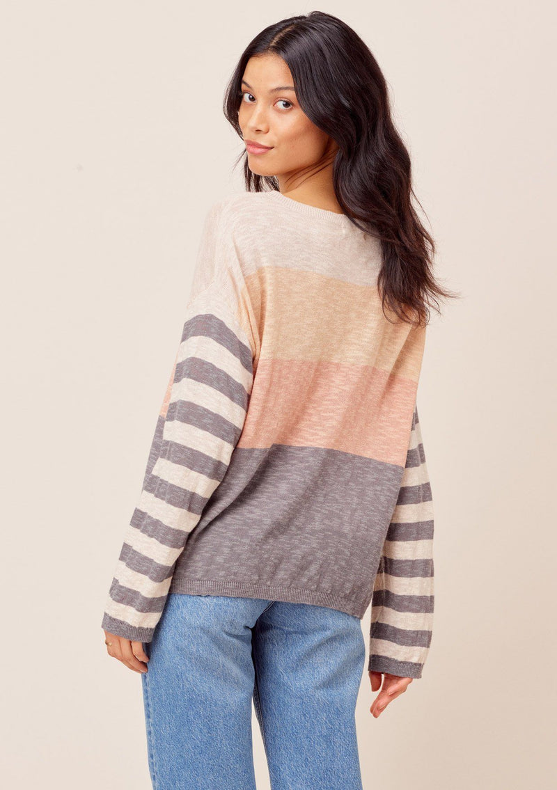 [Color: Taupe Multi] Lovestitch Taupe Multi Lightweight, long sleeve, mixed striped, crewneck knit pullover. Perfect for those slightly chilly, cozy days.