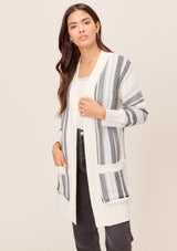 [Color: Blue Combo] Lovestitch Total beach vibes! Chunky, striped mid-length cardigan with deep side pockets and chic contrast rib detail. The perfect cardigan for chilly beach days!