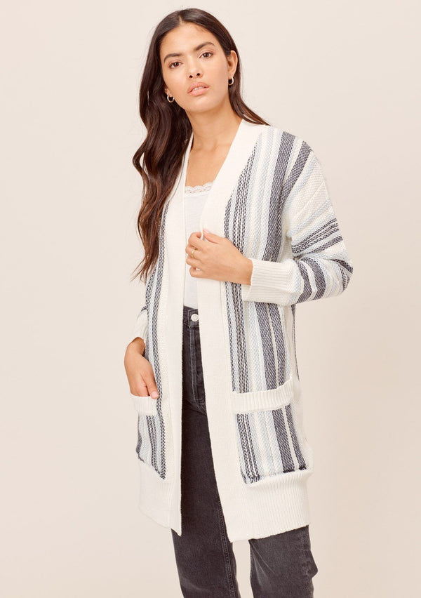 [Color: Blue Combo] Lovestitch Total beach vibes! Chunky, striped mid-length cardigan with deep side pockets and chic contrast rib detail. The perfect cardigan for chilly beach days!