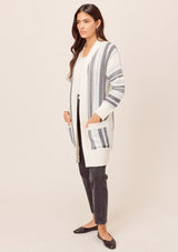 [Color: Blue Combo] Lovestitch blue combo Long sleeve, open front, chunky striped cardigan with side pockets and contrast rib detail. 