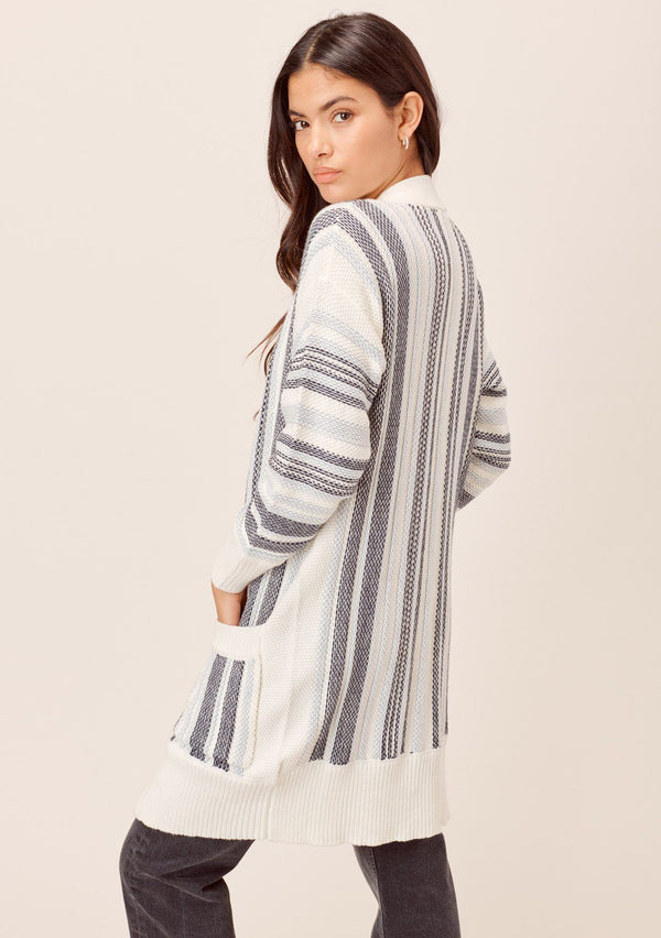 [Color: Blue Combo] Lovestitch Total beach vibes! Chunky, striped mid-length cardigan with deep side pockets and chic contrast rib detail- light blue, white and black stripes. The perfect cardigan for chilly beach days!