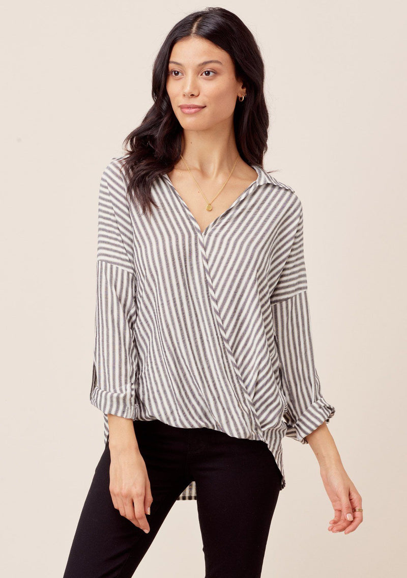 [Color: Black/Gold] Lovestitch Metallic striped, long roll tab sleeve, surplice top with high-low hem. 