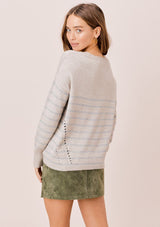 [Color: HeatherStone/Grey] Lovestitch heatherstone/grey Long sleeve, striped, crew neck sweater with distressed detail on the sides.