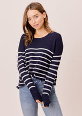 [Color: Navy/Silver] Lovestitch navy/silver Long sleeve, striped, crew neck sweater with distressed detail on the sides.  