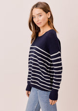 [Color: Navy/Silver] Lovestitch navy/silver Long sleeve, striped, crew neck sweater with distressed detail on the sides.  