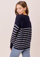 [Color: Navy/Silver] Lovestitch navy/silver Long sleeve, striped, crew neck sweater with distressed detail on the sides.
