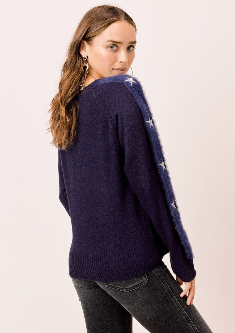 [Color: Navy/Silver] Lovestitch grey/silver Long sleeve, crewneck sweater with fuzzy, embroidered star sleeve detail. 
