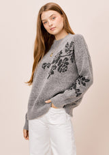 [Color: HeatherGrey/Midnight] Lovestitch heathergrey/midnight long sleeve, crew neck sweater with ribbed details and metallic floral jacquard design.