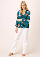 [Color: Teal/Rose] Lovestitch silken floral top with ruffled detail on dotted chiffon