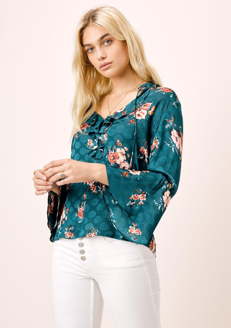 [Color: Teal/Rose] Lovestitch silken floral top with ruffled detail on dotted chiffon
