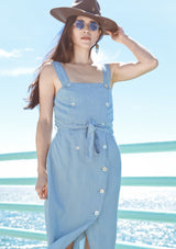 [Color: Heritage Blue] Lovestitch, tencel, double breasted, button front dress with self belt and smocked back detail. 