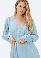 [Color: Heritage Blue] Lovestitch long sleeve, henley front shirt dress with self belt. 