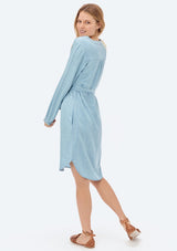 [Color: Heritage Blue] Lovestitch long sleeve, henley front shirt dress with self belt. 